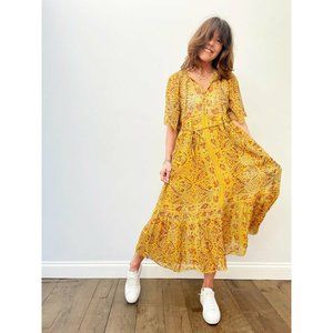Leon & Harper Rhesus Bandana Floral Printed Yellow Sheer Midi Dress XS